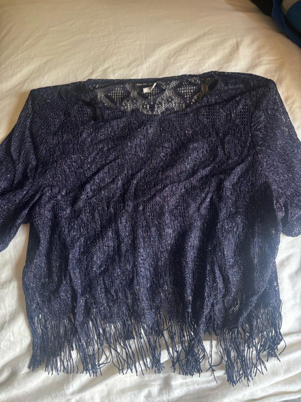Navy Shimmer Knit Fringe Top
